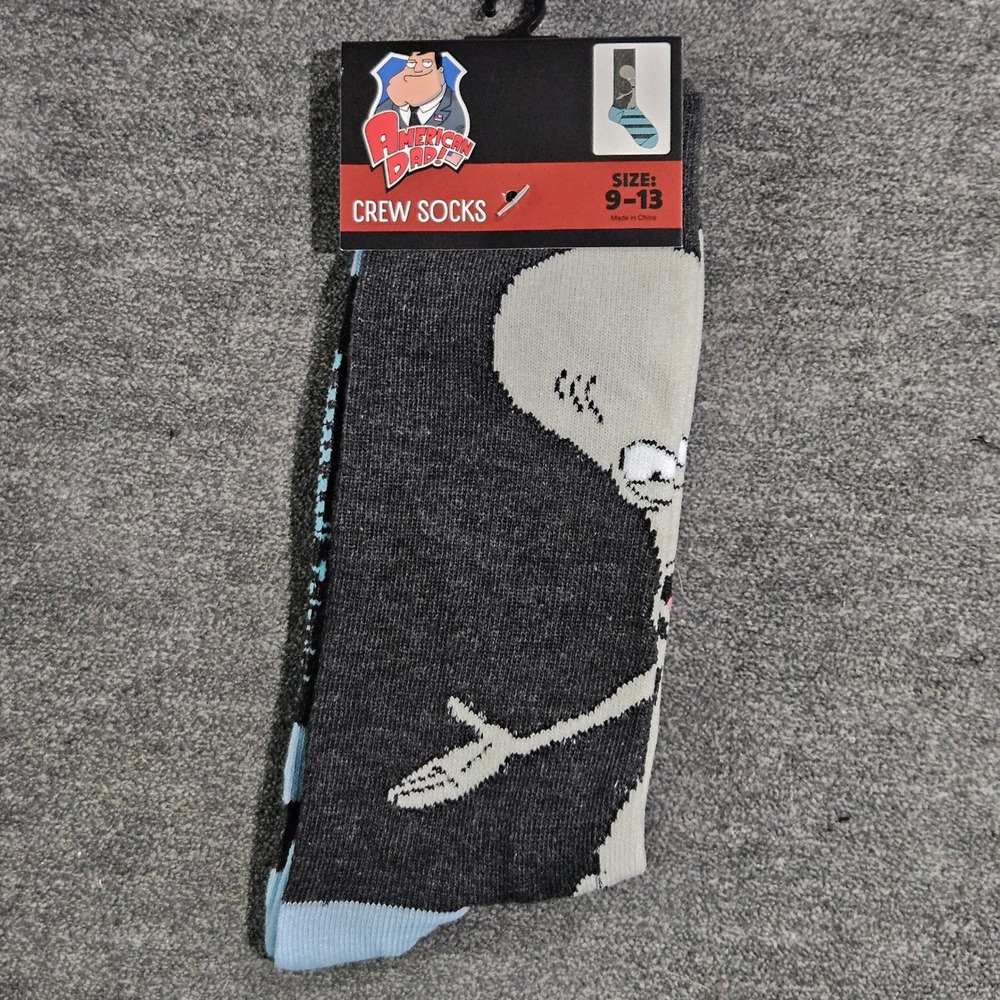 American Dad Roger the Alien Mens Crew Socks Size 9-13 Gray Blue Striped NEW